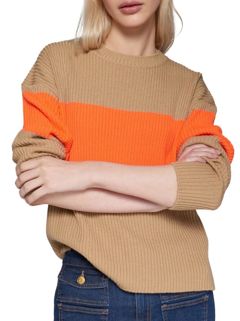 Vilagallo Wide-Stripe Crewneck Sweater in Camel and Neon Orange
